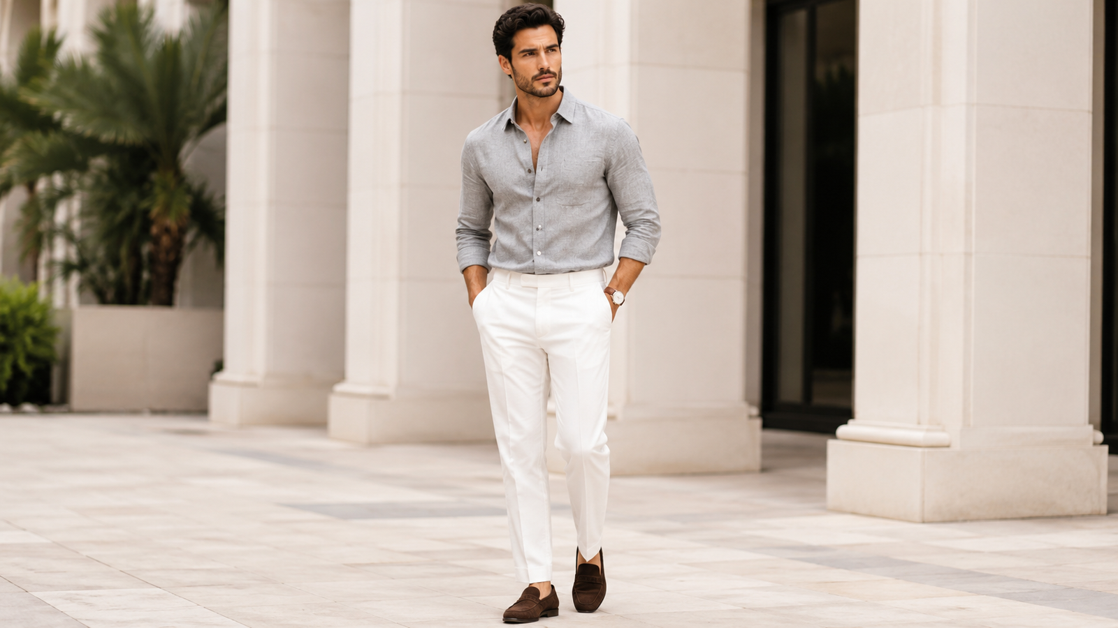 white pants gray shirt